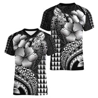 Hawaiian Sea Turtle Women V-Neck T-Shirt Black Hibiscus Flowers and Kakau Pattern LT9 - Polynesian Pride