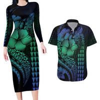 Hawaiian Sea Turtle Couples Matching Long Sleeve Bodycon Dress and Hawaiian Shirt Blue Hibiscus Flowers and Kakau Pattern LT9 Blue - Polynesian Pride