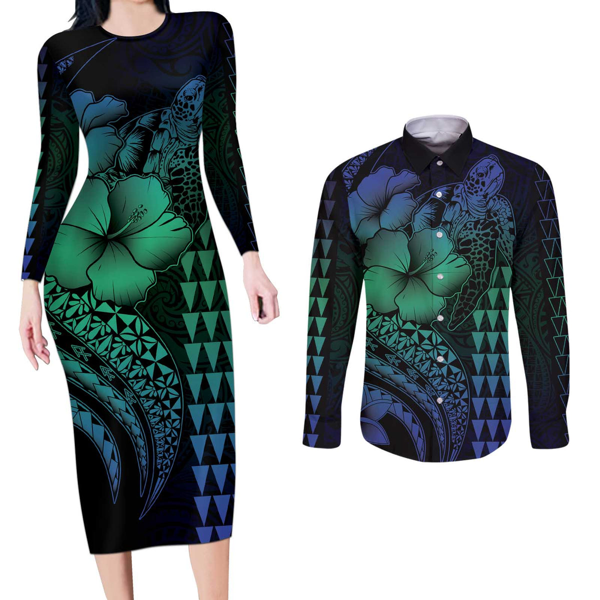 Hawaiian Sea Turtle Couples Matching Long Sleeve Bodycon Dress and Long Sleeve Button Shirt Blue Hibiscus Flowers and Kakau Pattern LT9 Blue - Polynesian Pride