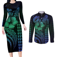 Hawaiian Sea Turtle Couples Matching Long Sleeve Bodycon Dress and Long Sleeve Button Shirt Blue Hibiscus Flowers and Kakau Pattern LT9 Blue - Polynesian Pride