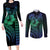 Hawaiian Sea Turtle Couples Matching Long Sleeve Bodycon Dress and Long Sleeve Button Shirt Blue Hibiscus Flowers and Kakau Pattern