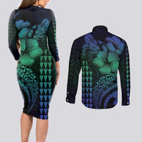 Hawaiian Sea Turtle Couples Matching Long Sleeve Bodycon Dress and Long Sleeve Button Shirt Blue Hibiscus Flowers and Kakau Pattern LT9 - Polynesian Pride