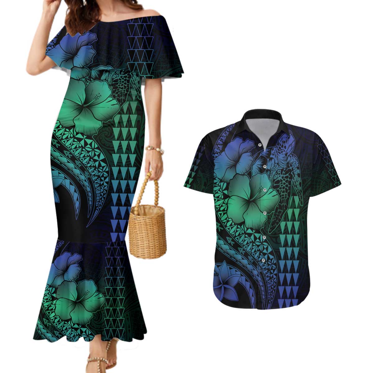 Hawaiian Sea Turtle Couples Matching Mermaid Dress and Hawaiian Shirt Blue Hibiscus Flowers and Kakau Pattern LT9 Blue - Polynesian Pride