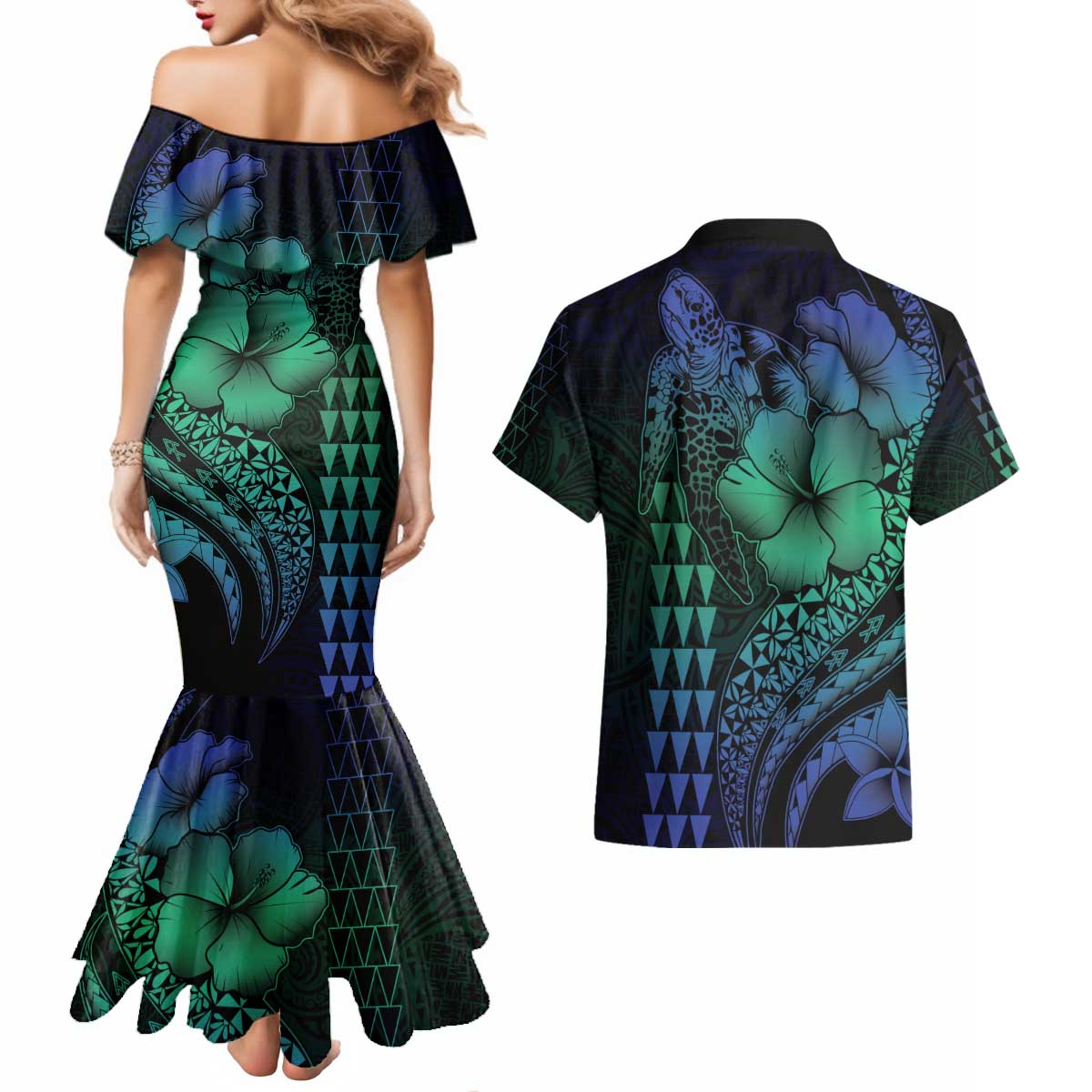 Hawaiian Sea Turtle Couples Matching Mermaid Dress and Hawaiian Shirt Blue Hibiscus Flowers and Kakau Pattern LT9 - Polynesian Pride