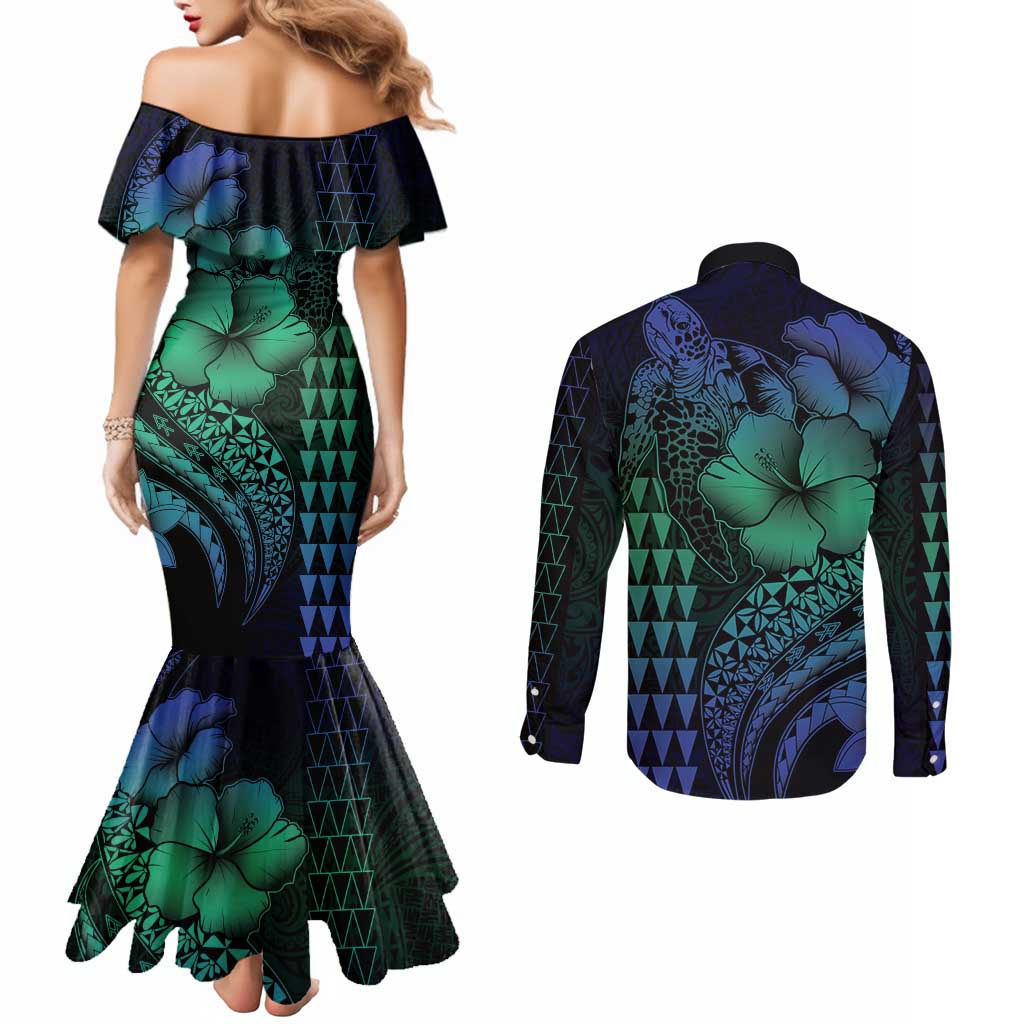 Hawaiian Sea Turtle Couples Matching Mermaid Dress and Long Sleeve Button Shirt Blue Hibiscus Flowers and Kakau Pattern LT9 - Polynesian Pride
