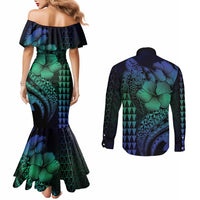 Hawaiian Sea Turtle Couples Matching Mermaid Dress and Long Sleeve Button Shirt Blue Hibiscus Flowers and Kakau Pattern LT9 - Polynesian Pride