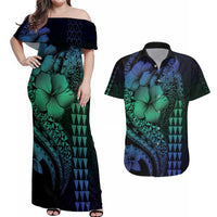Hawaiian Sea Turtle Couples Matching Off Shoulder Maxi Dress and Hawaiian Shirt Blue Hibiscus Flowers and Kakau Pattern LT9 Blue - Polynesian Pride