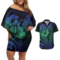 Hawaiian Sea Turtle Couples Matching Off Shoulder Short Dress and Hawaiian Shirt Blue Hibiscus Flowers and Kakau Pattern LT9 Blue - Polynesian Pride