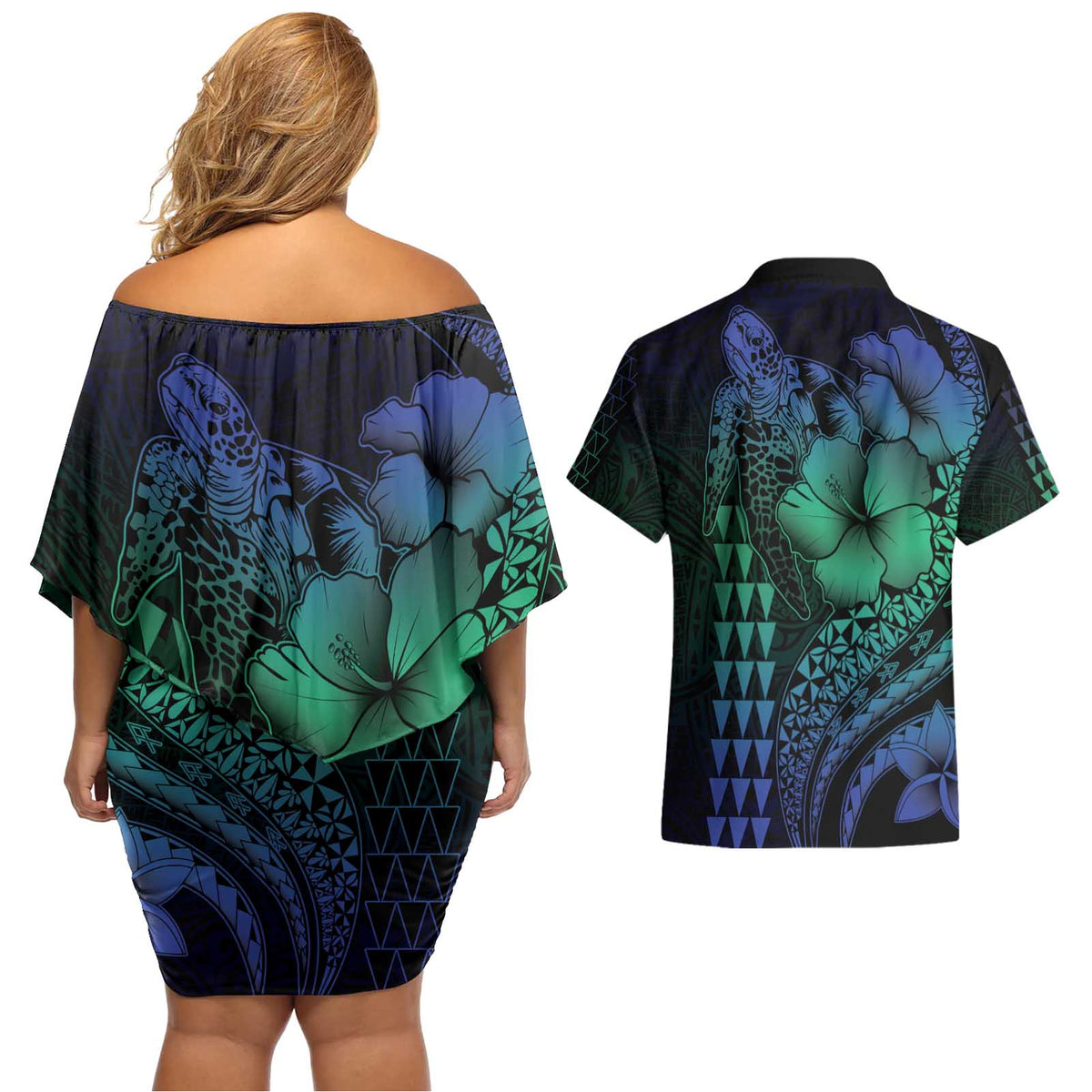 Hawaiian Sea Turtle Couples Matching Off Shoulder Short Dress and Hawaiian Shirt Blue Hibiscus Flowers and Kakau Pattern LT9 - Polynesian Pride