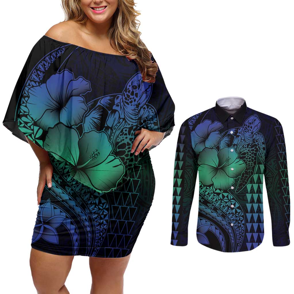 Hawaiian Sea Turtle Couples Matching Off Shoulder Short Dress and Long Sleeve Button Shirt Blue Hibiscus Flowers and Kakau Pattern LT9 Blue - Polynesian Pride