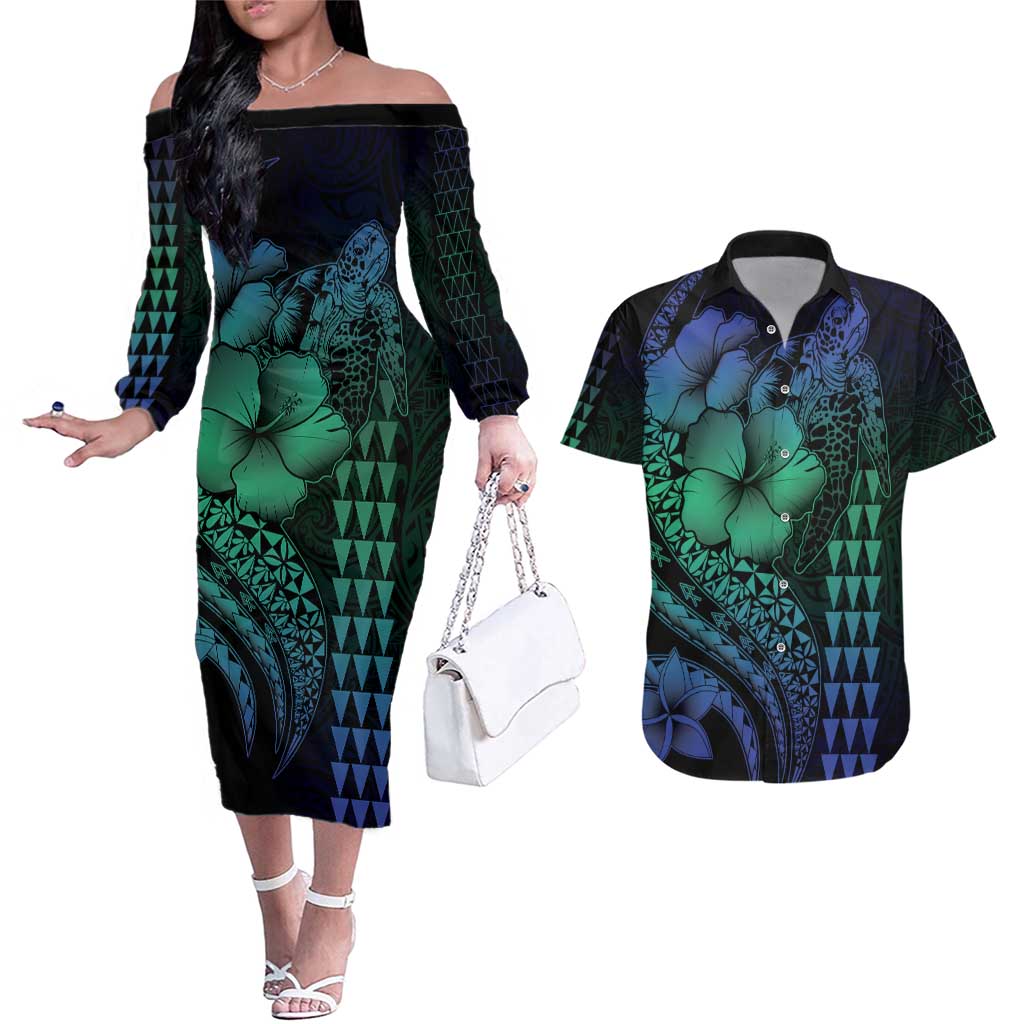 Hawaiian Sea Turtle Couples Matching Off The Shoulder Long Sleeve Dress and Hawaiian Shirt Blue Hibiscus Flowers and Kakau Pattern