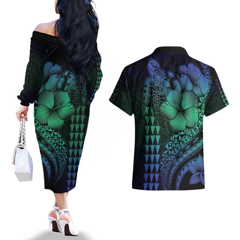 Hawaiian Sea Turtle Couples Matching Off The Shoulder Long Sleeve Dress and Hawaiian Shirt Blue Hibiscus Flowers and Kakau Pattern LT9 - Polynesian Pride