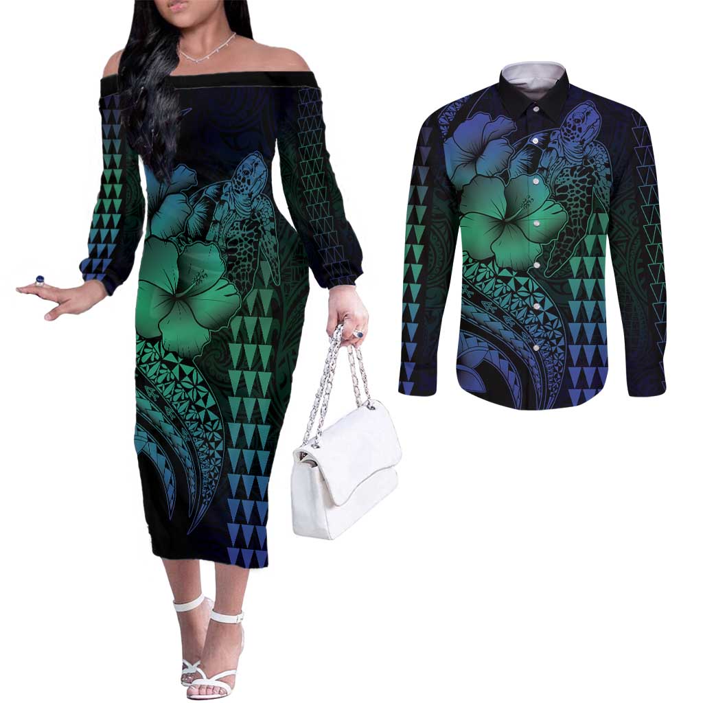 Hawaiian Sea Turtle Couples Matching Off The Shoulder Long Sleeve Dress and Long Sleeve Button Shirt Blue Hibiscus Flowers and Kakau Pattern