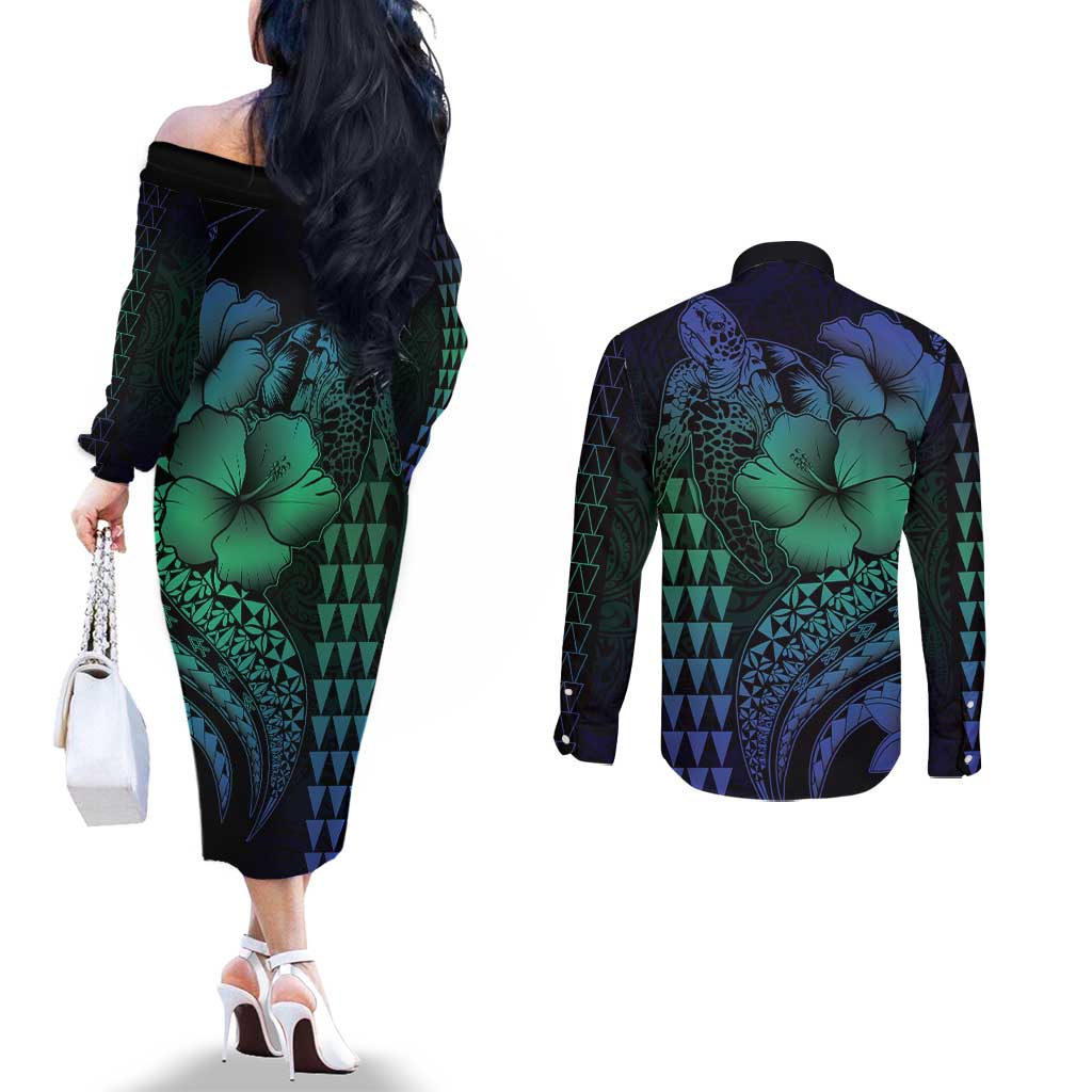 Hawaiian Sea Turtle Couples Matching Off The Shoulder Long Sleeve Dress and Long Sleeve Button Shirt Blue Hibiscus Flowers and Kakau Pattern LT9 - Polynesian Pride