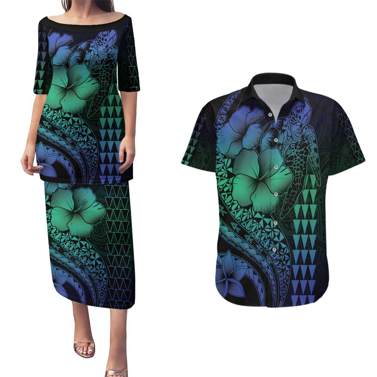 Hawaiian Sea Turtle Couples Matching Puletasi and Hawaiian Shirt Blue Hibiscus Flowers and Kakau Pattern LT9 Blue - Polynesian Pride