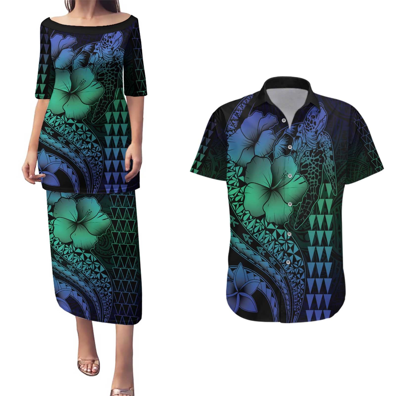 Hawaiian Sea Turtle Couples Matching Puletasi and Hawaiian Shirt Blue Hibiscus Flowers and Kakau Pattern