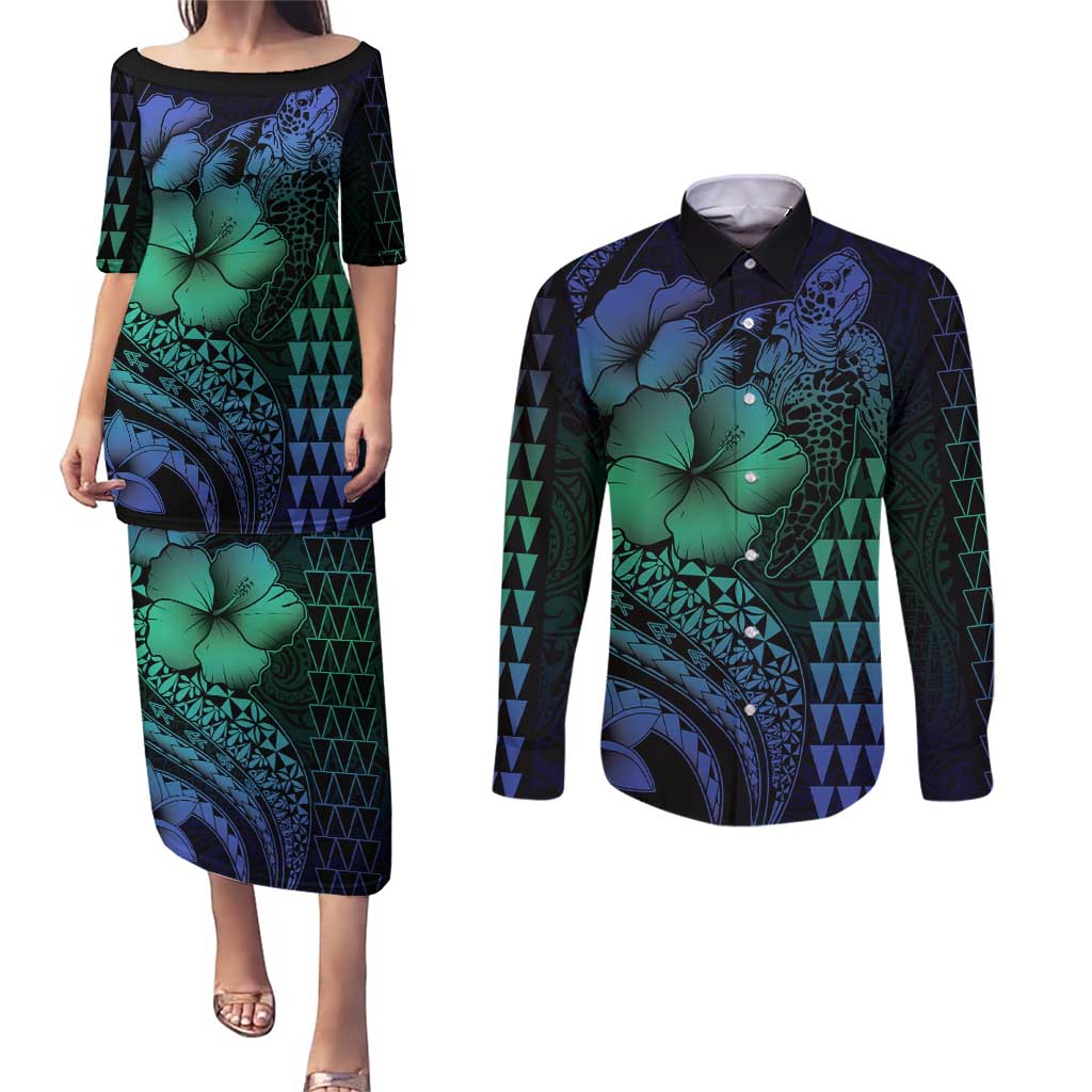 Hawaiian Sea Turtle Couples Matching Puletasi and Long Sleeve Button Shirt Blue Hibiscus Flowers and Kakau Pattern