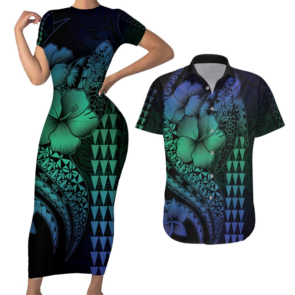 Hawaiian Sea Turtle Couples Matching Short Sleeve Bodycon Dress and Hawaiian Shirt Blue Hibiscus Flowers and Kakau Pattern LT9 Blue - Polynesian Pride