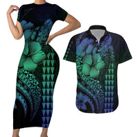 Hawaiian Sea Turtle Couples Matching Short Sleeve Bodycon Dress and Hawaiian Shirt Blue Hibiscus Flowers and Kakau Pattern LT9 Blue - Polynesian Pride
