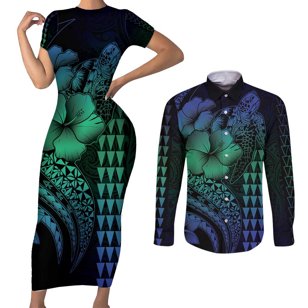 Hawaiian Sea Turtle Couples Matching Short Sleeve Bodycon Dress and Long Sleeve Button Shirt Blue Hibiscus Flowers and Kakau Pattern LT9 Blue - Polynesian Pride