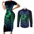 Hawaiian Sea Turtle Couples Matching Short Sleeve Bodycon Dress and Long Sleeve Button Shirt Blue Hibiscus Flowers and Kakau Pattern