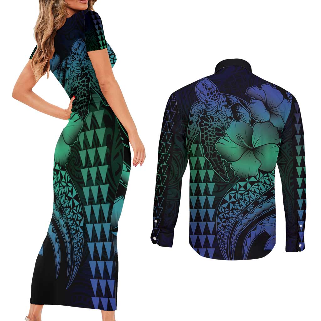 Hawaiian Sea Turtle Couples Matching Short Sleeve Bodycon Dress and Long Sleeve Button Shirt Blue Hibiscus Flowers and Kakau Pattern LT9 - Polynesian Pride