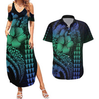 Hawaiian Sea Turtle Couples Matching Summer Maxi Dress and Hawaiian Shirt Blue Hibiscus Flowers and Kakau Pattern LT9 Blue - Polynesian Pride