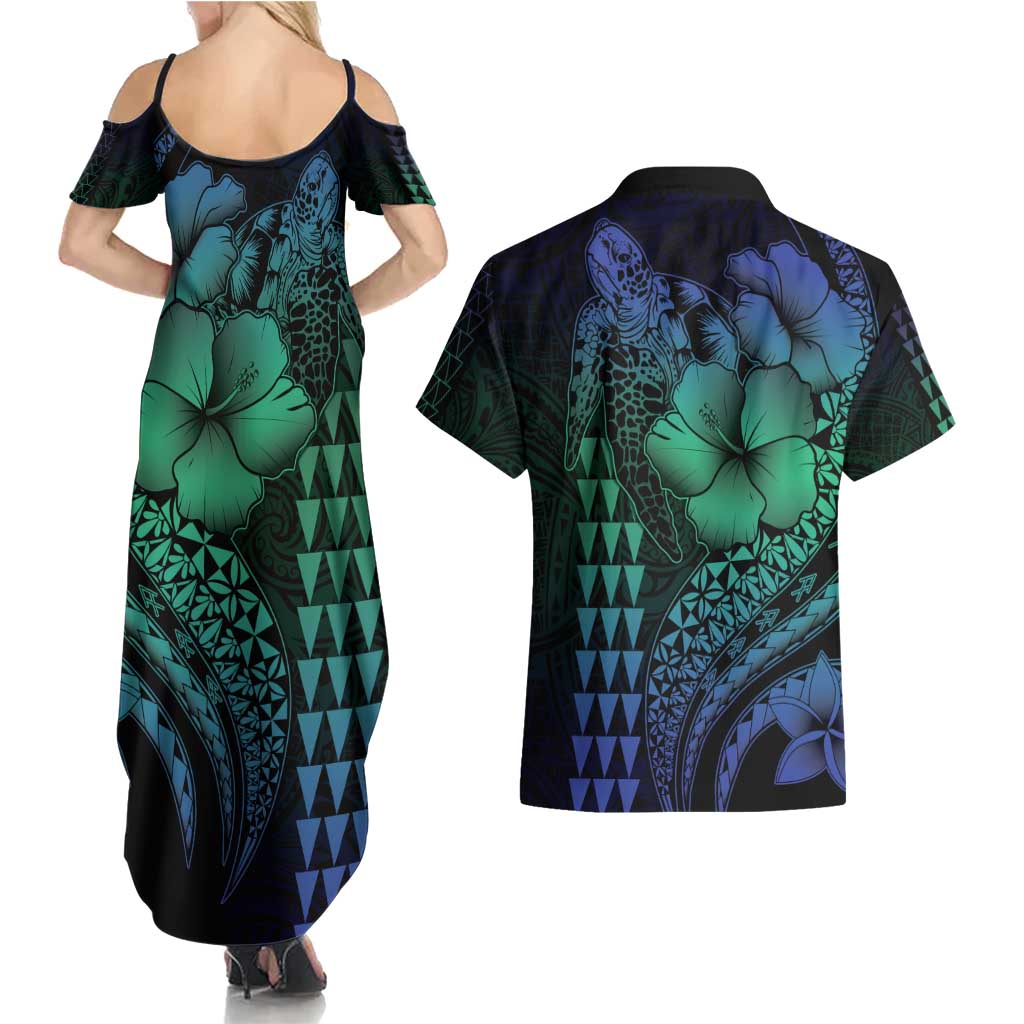 Hawaiian Sea Turtle Couples Matching Summer Maxi Dress and Hawaiian Shirt Blue Hibiscus Flowers and Kakau Pattern LT9 - Polynesian Pride