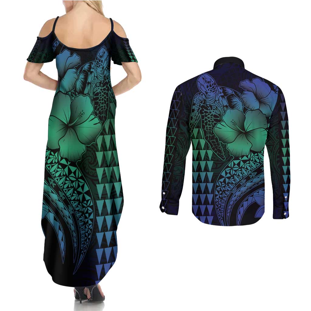 Hawaiian Sea Turtle Couples Matching Summer Maxi Dress and Long Sleeve Button Shirt Blue Hibiscus Flowers and Kakau Pattern LT9 - Polynesian Pride