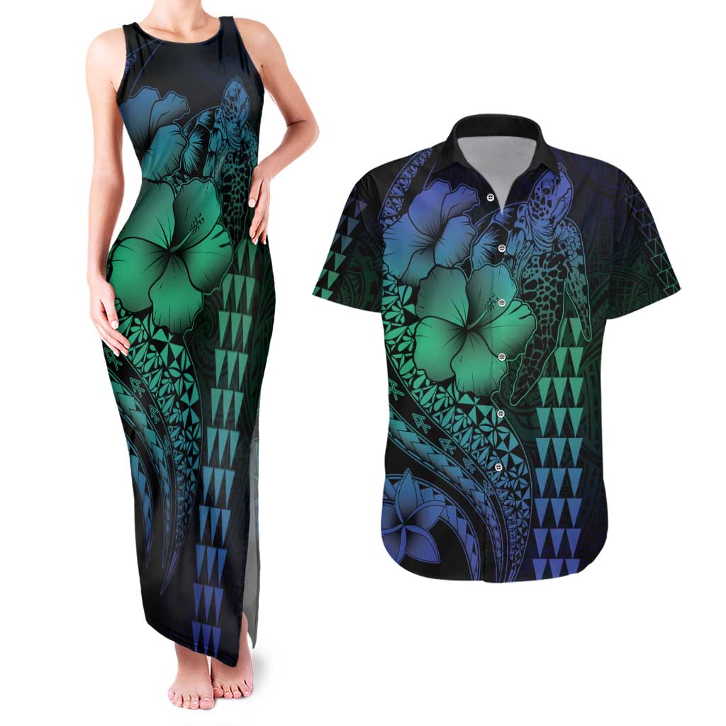 Hawaiian Sea Turtle Couples Matching Tank Maxi Dress and Hawaiian Shirt Blue Hibiscus Flowers and Kakau Pattern LT9 Blue - Polynesian Pride
