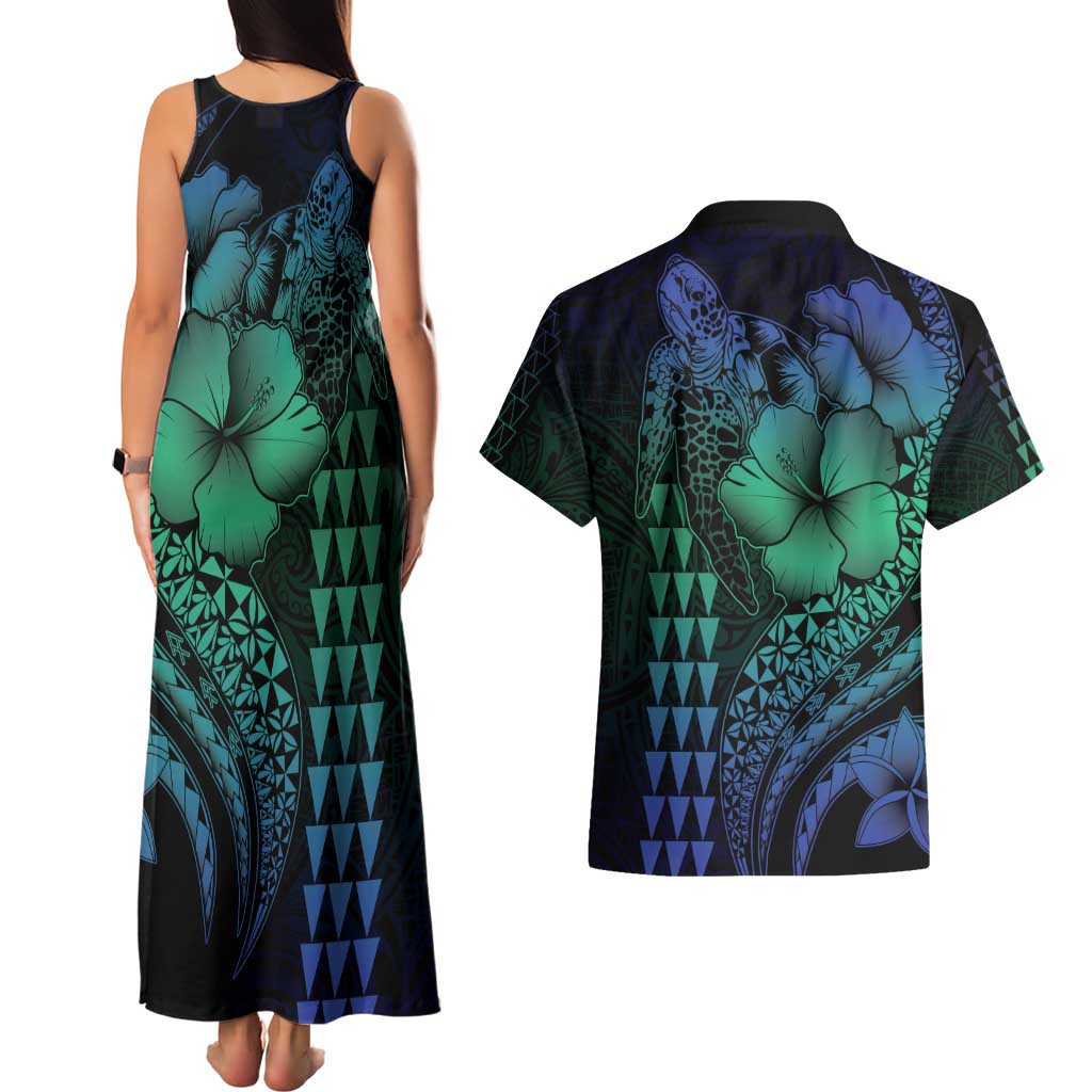 Hawaiian Sea Turtle Couples Matching Tank Maxi Dress and Hawaiian Shirt Blue Hibiscus Flowers and Kakau Pattern LT9 - Polynesian Pride