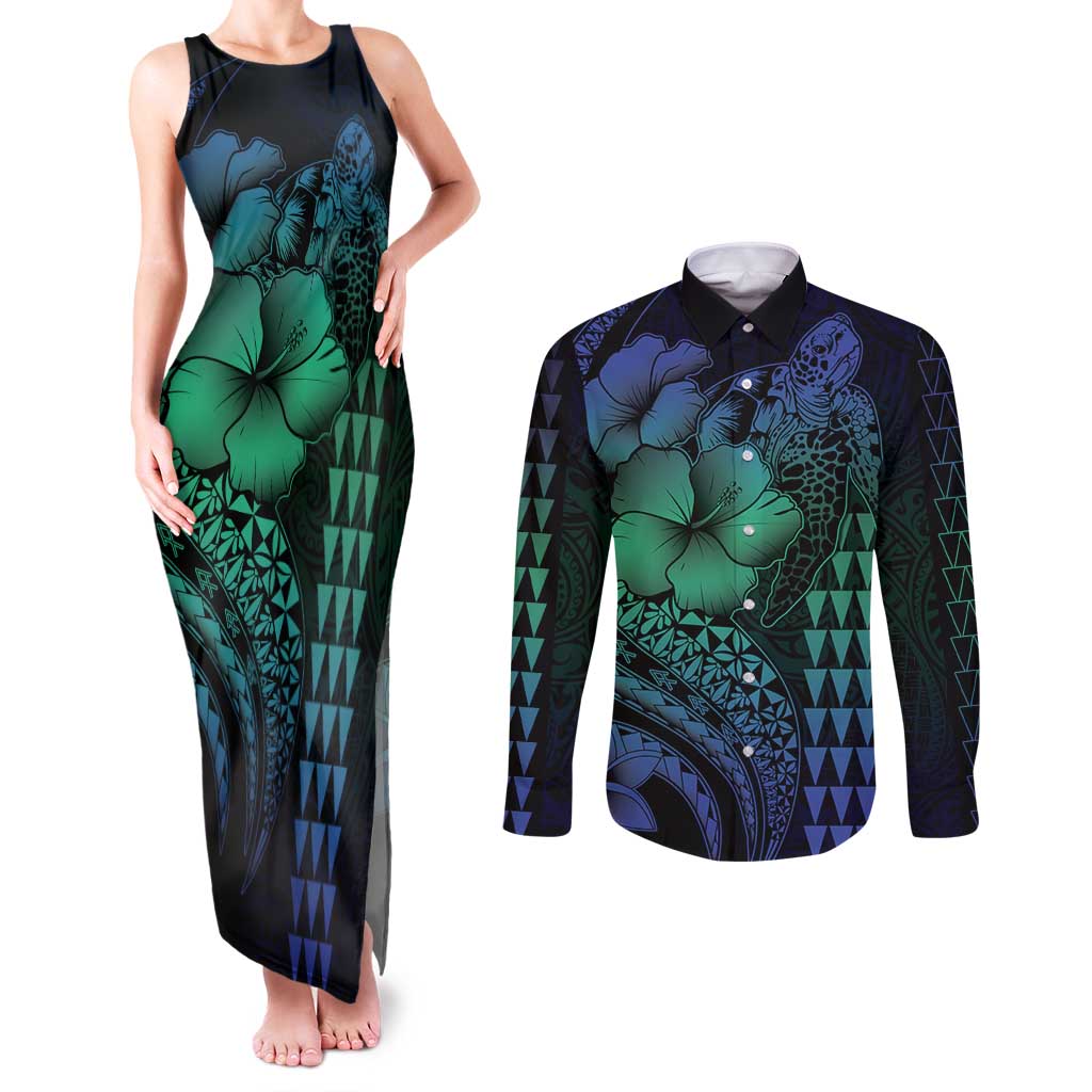 Hawaiian Sea Turtle Couples Matching Tank Maxi Dress and Long Sleeve Button Shirt Blue Hibiscus Flowers and Kakau Pattern LT9 Blue - Polynesian Pride