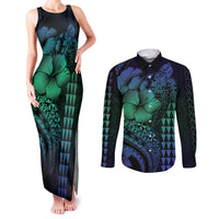 Hawaiian Sea Turtle Couples Matching Tank Maxi Dress and Long Sleeve Button Shirt Blue Hibiscus Flowers and Kakau Pattern LT9 Blue - Polynesian Pride