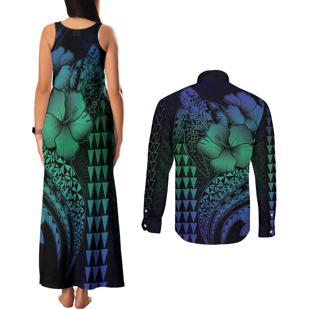 Hawaiian Sea Turtle Couples Matching Tank Maxi Dress and Long Sleeve Button Shirt Blue Hibiscus Flowers and Kakau Pattern LT9 - Polynesian Pride