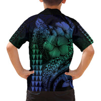 Hawaiian Sea Turtle Family Matching Long Sleeve Bodycon Dress and Hawaiian Shirt Blue Hibiscus Flowers and Kakau Pattern LT9 - Polynesian Pride