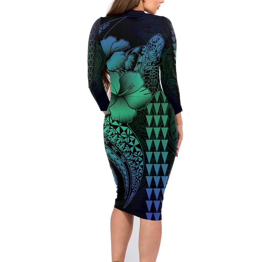 Hawaiian Sea Turtle Family Matching Long Sleeve Bodycon Dress and Hawaiian Shirt Blue Hibiscus Flowers and Kakau Pattern LT9 - Polynesian Pride