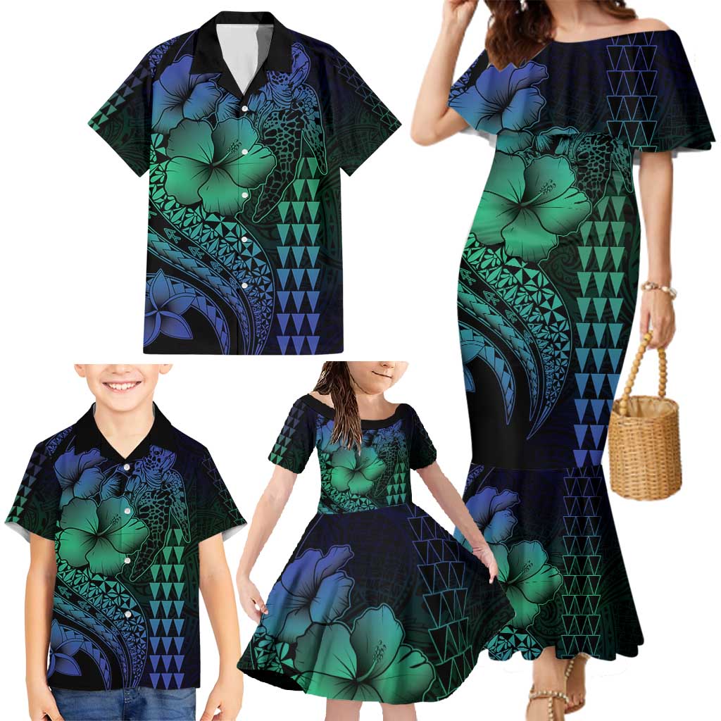 Hawaiian Sea Turtle Family Matching Mermaid Dress and Hawaiian Shirt Blue Hibiscus Flowers and Kakau Pattern LT9 - Polynesian Pride