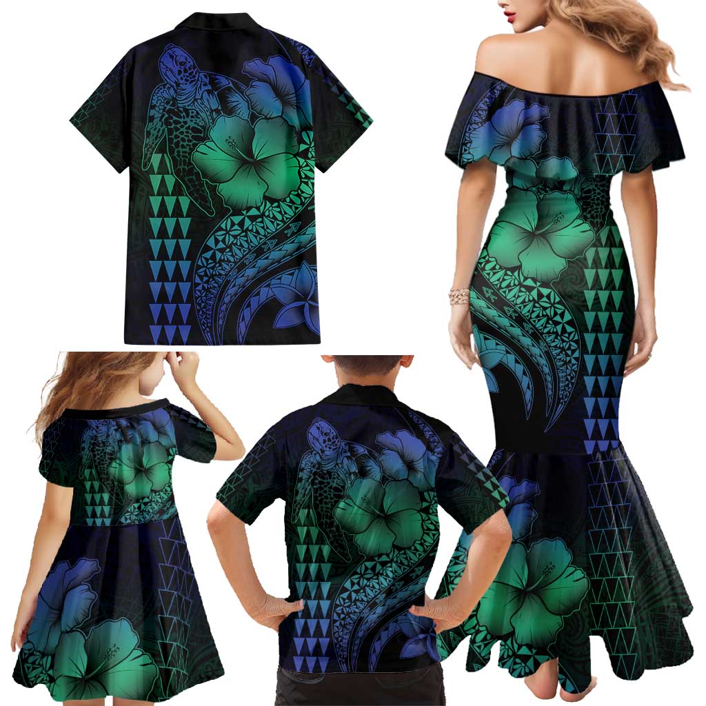 Hawaiian Sea Turtle Family Matching Mermaid Dress and Hawaiian Shirt Blue Hibiscus Flowers and Kakau Pattern LT9 - Polynesian Pride