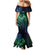 Hawaiian Sea Turtle Family Matching Mermaid Dress and Hawaiian Shirt Blue Hibiscus Flowers and Kakau Pattern