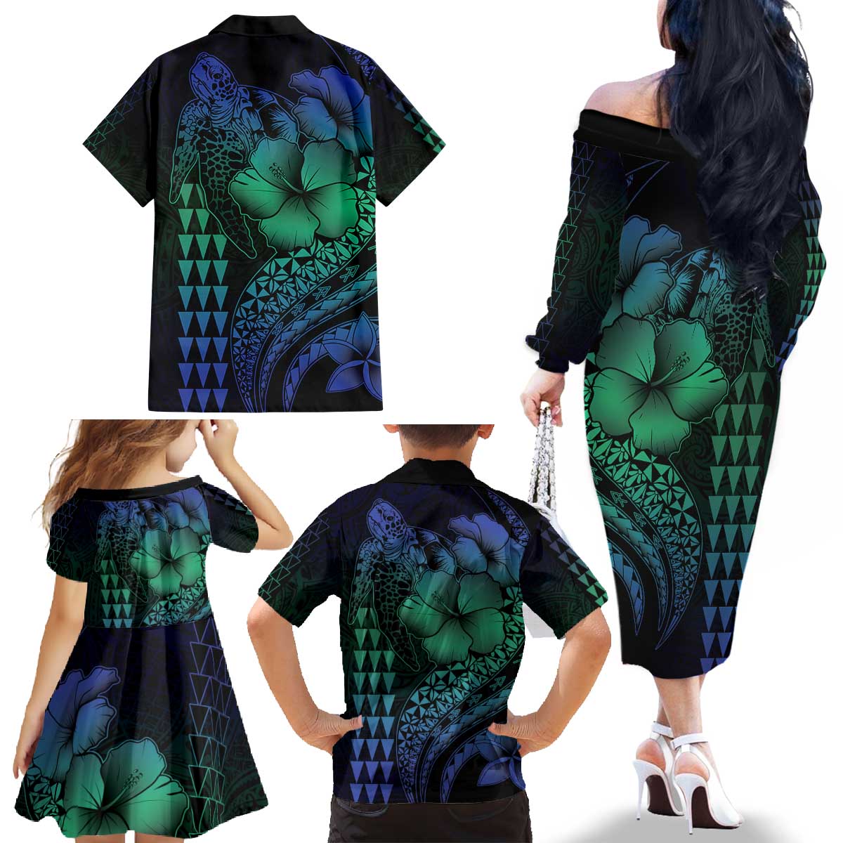 Hawaiian Sea Turtle Family Matching Off The Shoulder Long Sleeve Dress and Hawaiian Shirt Blue Hibiscus Flowers and Kakau Pattern LT9 - Polynesian Pride