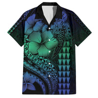 Hawaiian Sea Turtle Family Matching Off The Shoulder Long Sleeve Dress and Hawaiian Shirt Blue Hibiscus Flowers and Kakau Pattern LT9 Dad's Shirt - Short Sleeve Blue - Polynesian Pride