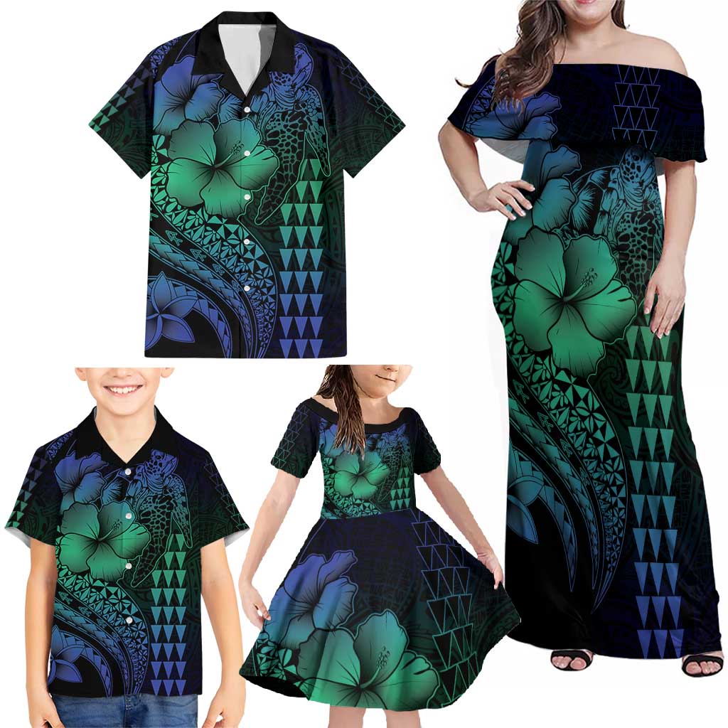 Hawaiian Sea Turtle Family Matching Off Shoulder Maxi Dress and Hawaiian Shirt Blue Hibiscus Flowers and Kakau Pattern LT9 - Polynesian Pride