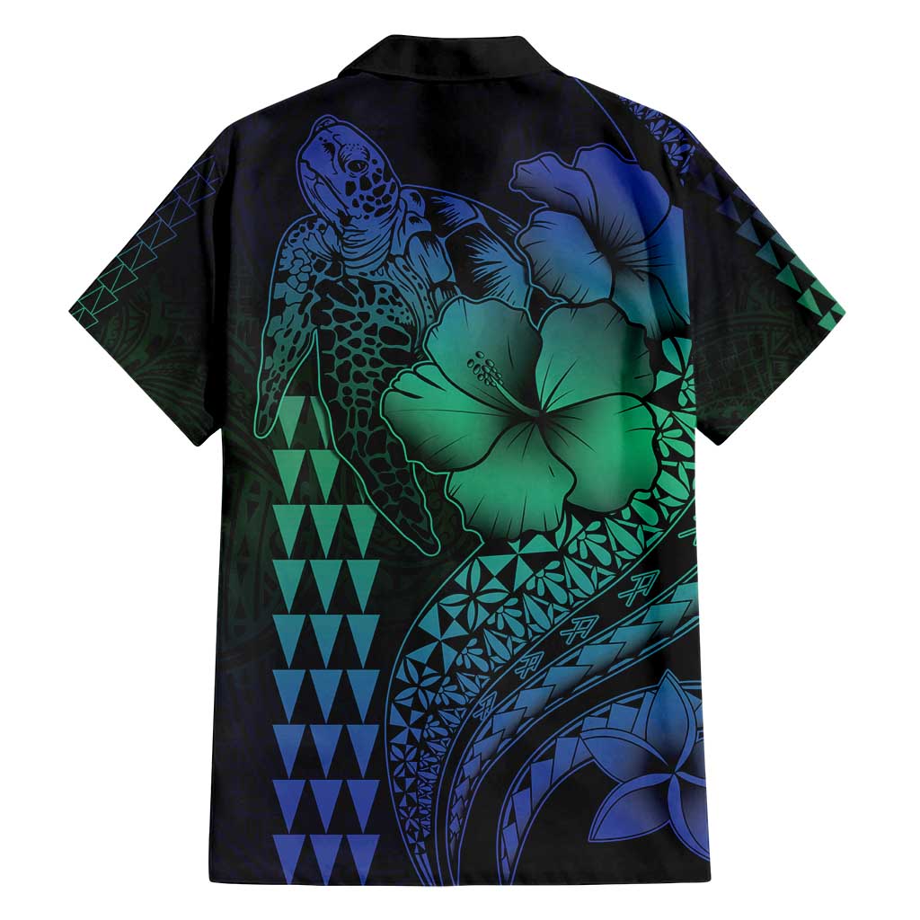 Hawaiian Sea Turtle Family Matching Off Shoulder Maxi Dress and Hawaiian Shirt Blue Hibiscus Flowers and Kakau Pattern LT9 - Polynesian Pride