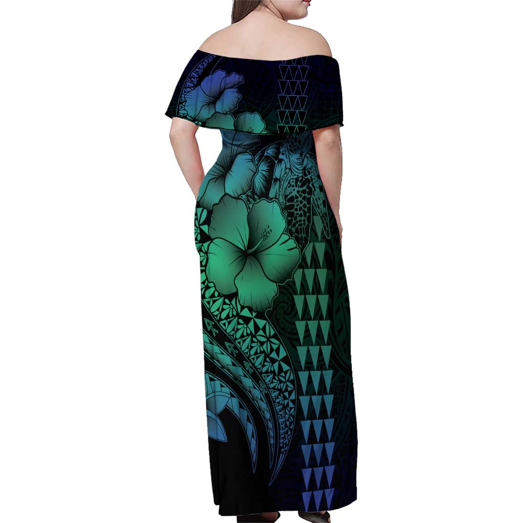 Hawaiian Sea Turtle Family Matching Off Shoulder Maxi Dress and Hawaiian Shirt Blue Hibiscus Flowers and Kakau Pattern LT9 - Polynesian Pride