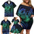 Hawaiian Sea Turtle Family Matching Off Shoulder Short Dress and Hawaiian Shirt Blue Hibiscus Flowers and Kakau Pattern