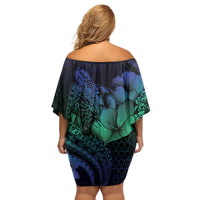 Hawaiian Sea Turtle Family Matching Off Shoulder Short Dress and Hawaiian Shirt Blue Hibiscus Flowers and Kakau Pattern LT9 - Polynesian Pride