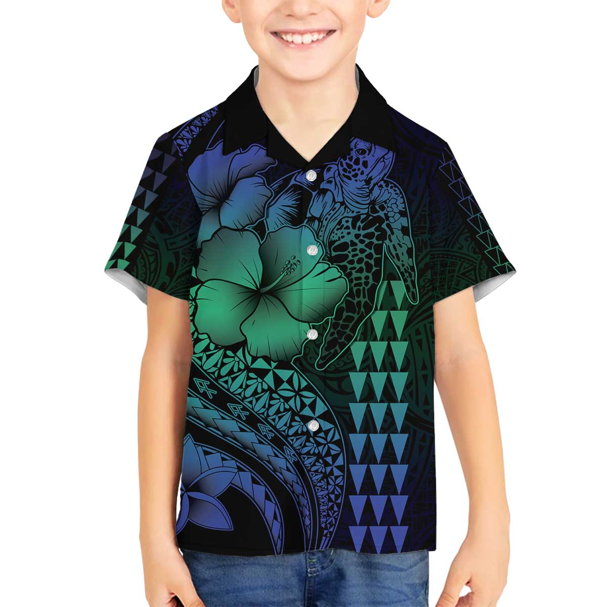 Hawaiian Sea Turtle Family Matching Off Shoulder Short Dress and Hawaiian Shirt Blue Hibiscus Flowers and Kakau Pattern LT9 Son's Shirt Blue - Polynesian Pride
