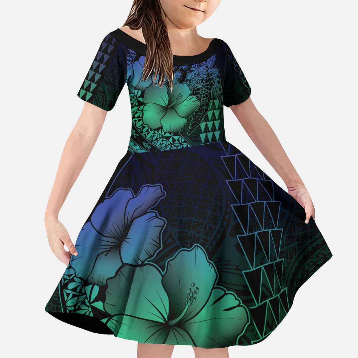 Hawaiian Sea Turtle Family Matching Puletasi and Hawaiian Shirt Blue Hibiscus Flowers and Kakau Pattern LT9 Daughter's Dress Blue - Polynesian Pride
