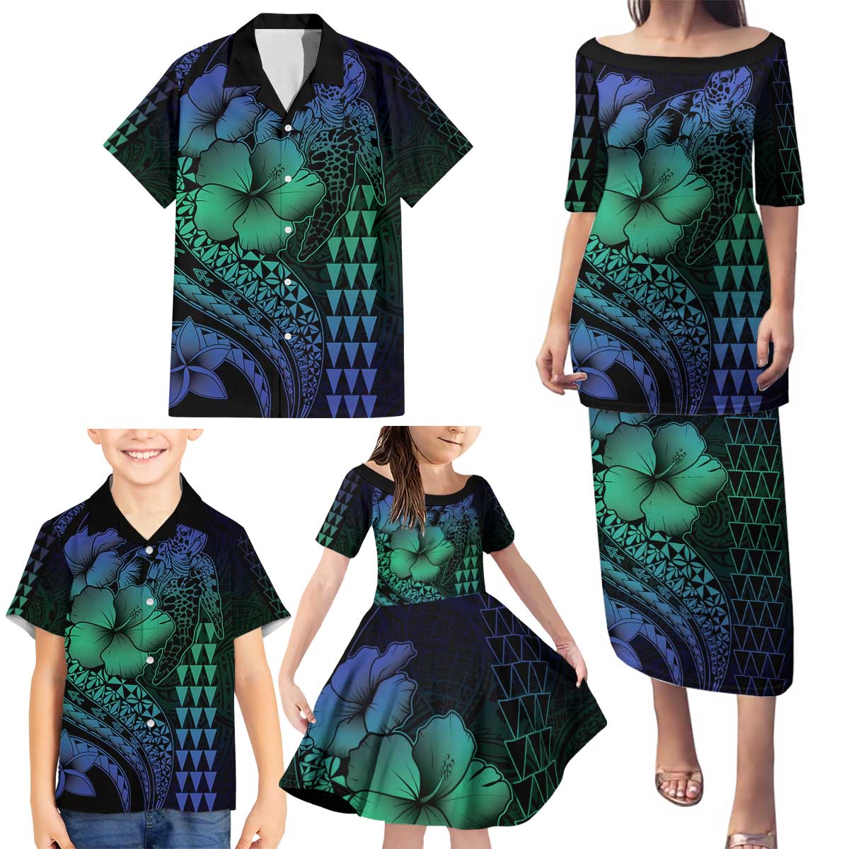 Hawaiian Sea Turtle Family Matching Puletasi and Hawaiian Shirt Blue Hibiscus Flowers and Kakau Pattern LT9 - Polynesian Pride