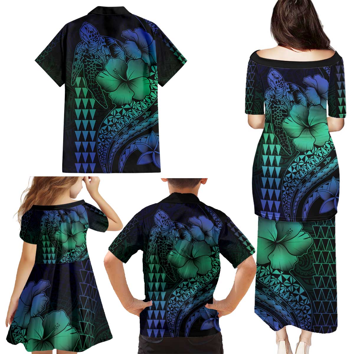 Hawaiian Sea Turtle Family Matching Puletasi and Hawaiian Shirt Blue Hibiscus Flowers and Kakau Pattern LT9 - Polynesian Pride